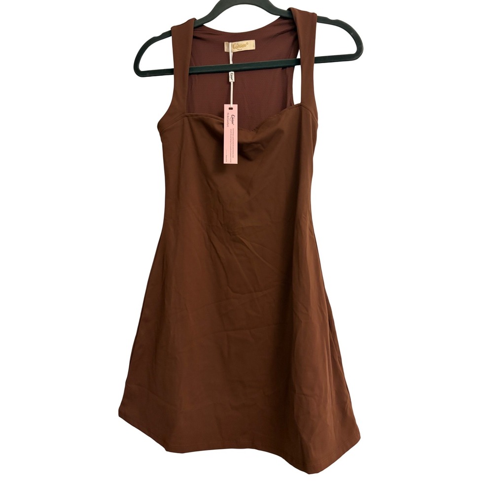 Qinsen Women Brown Athletic Tennis Dress Square Neck Sleeveless Mini Size S 4